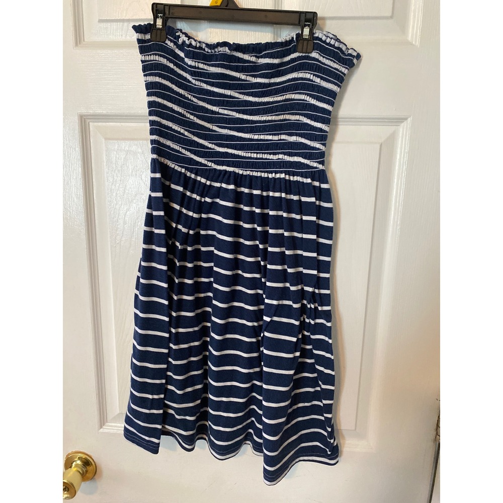 Navy Blue White Striped Smocked Tube Dress Strapless Mini Summer Beach XL